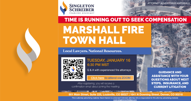 An event flyer for the Marshall Fire Town Hall event