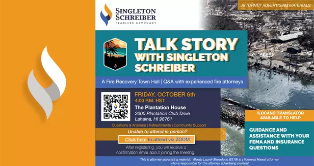 An event flyer for Talk Story With Singleton Schreiber: Fire Recovery Town Hall