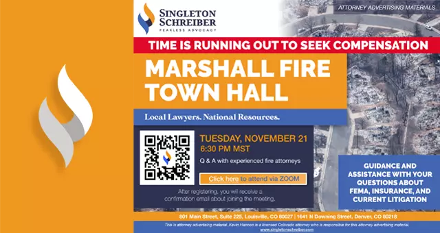 An event flyer for the Marshall Fire Town Hall event