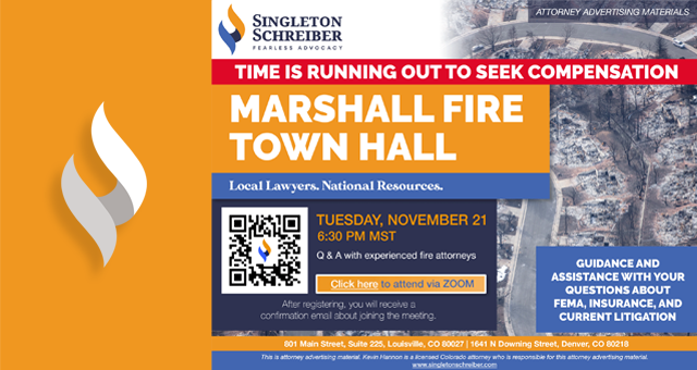 An event flyer for the Marshall Fire Town Hall event
