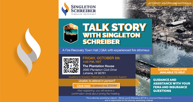 An event flyer for Talk Story With Singleton Schreiber: Fire Recovery Town Hall